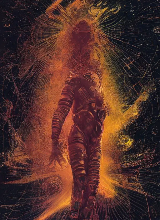 Image similar to astronaut in dark void underwater - complex and hyperdetailed technical suit design. reflection and dispersion materials. rays and dispersion of light. volumetric light. f / 3 2. noise film photo. flash photography. ultra realistic, 5 0 mm. poster by wayne barlowe, hajime sorayama aaron horkey, craig mullins