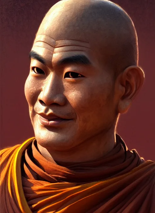 Prompt: smart tai buddhist monk, sukothai, closeup portrait, without beard and mustache, historical hero, ethnic group, tai costume, intricate, elegant, loin cloth, highly detailed, oil painting, artstation, concept art, matte, sharp focus, illustration, hearthstone, art by earl norem