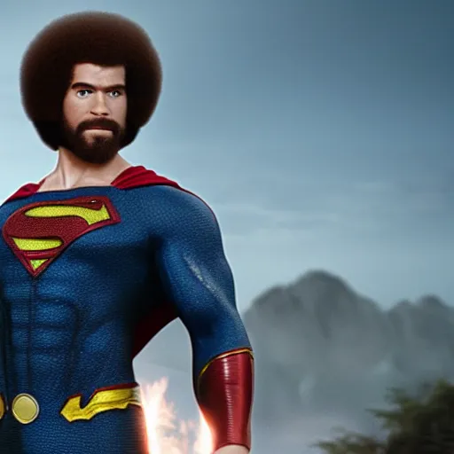 Image similar to movie scene of bob ross as superman,avengers,cinematic,hyperdetailed,photorealistoc,cinematic,professional lighting,professional compositong,8k,detailed face,muscular,shot from a high quality movie,avengers 2022