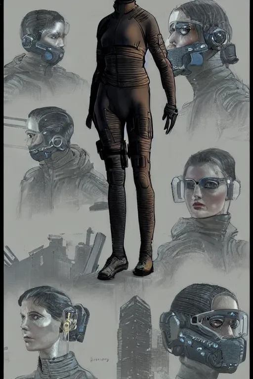 Image similar to selina. blackops spy in near future tactical gear, stealth suit, and cyberpunk headset. Blade Runner 2049. concept art by James Gurney and Mœbius.