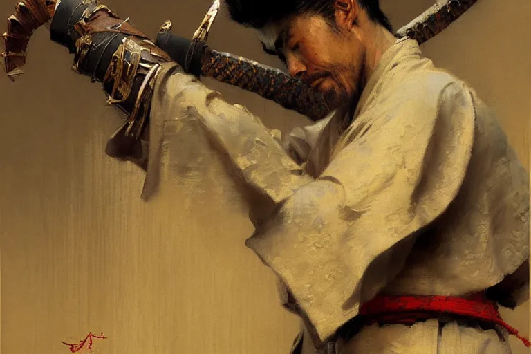 Prompt: male samurai painting by gaston bussiere, craig mullins, j. c. leyendecker
