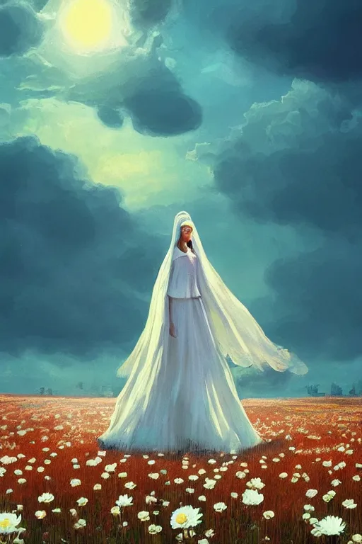 Prompt: giant white daisy flowers as face veil, girl walking in a flower field, surreal photography, sunrise, dramatic light, impressionist painting, colorful clouds, digital painting, artstation, simon stalenhag