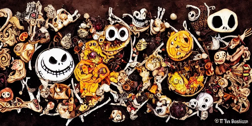 Image similar to curved perspective burned food by tim burton's the nightmare before christmas