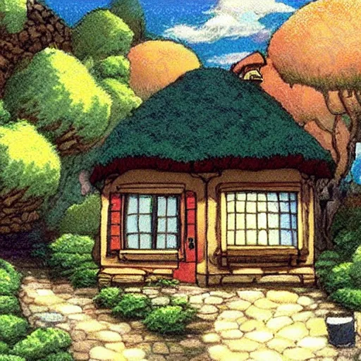 Prompt: Studio Ghibli cozy cottage