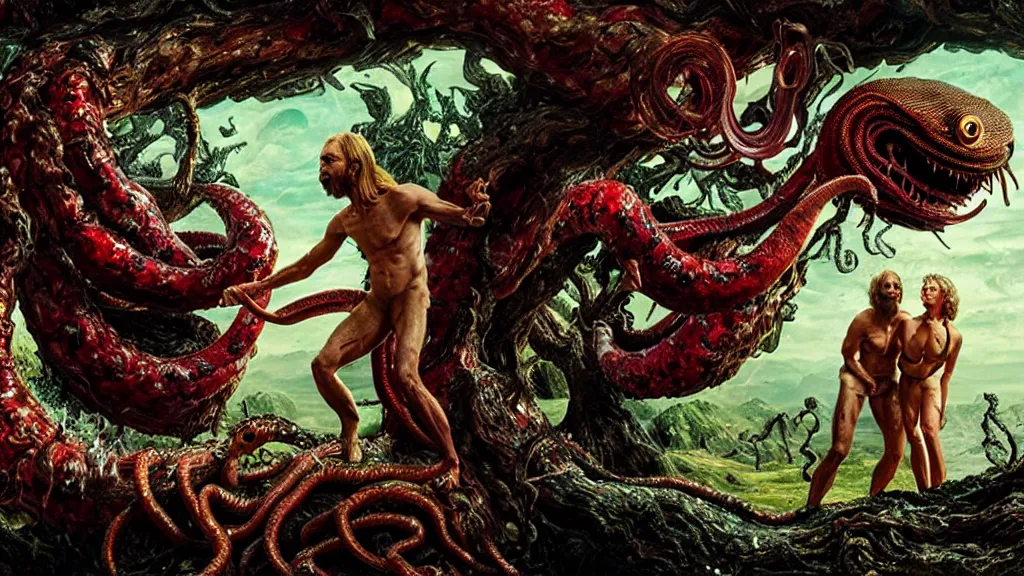 Image similar to Adam and eve with a screaming worm monster, maximalist, high detail, 8k, ornate, dark fantasy, realistic, masterpiece, complex, WLOP, film still from the movie directed by Denis Villeneuve, wide angle, colorful