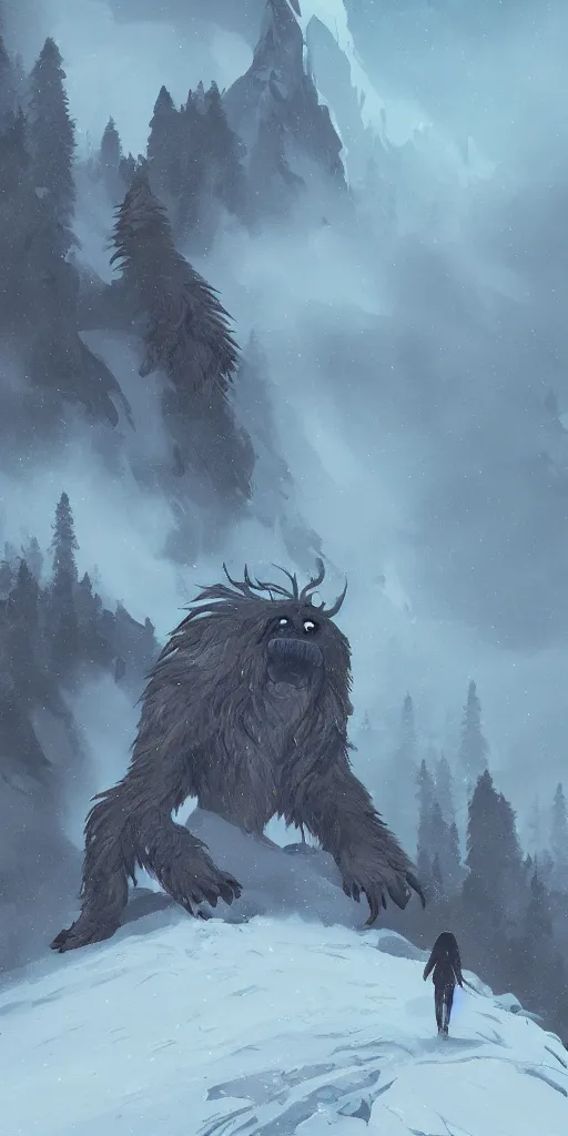 Image similar to a giant hairy cryptid monster halfway up a snowy mountain in the style of Sylvain Sarrailh, wispy magical smoke, beautiful digital art, cinematic composition, detailed, concept art, Matt painting, oil painting, high res