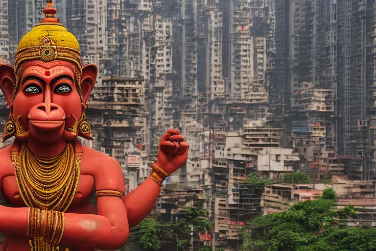 Image similar to high quality 3 d cyberpunk biomorphic hanuman head building in the middle of mumbai!!, beautiful kalighat highly detailed, cinematic smooth, stephen shore & john j. park, soft morning light, wide shot, high angle, uhd 8 k, deep focus