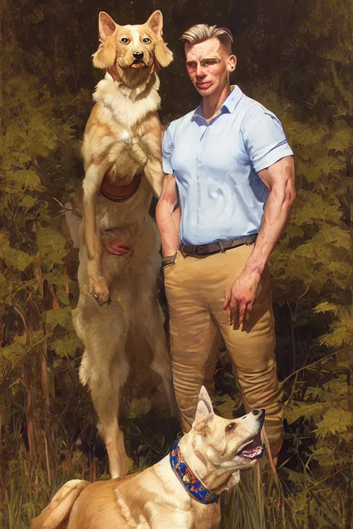 Prompt: sargent and leyendecker and greg hildebrandt, full body portrait of bodybuilder muscular dog andrew wyeth, stephen bliss, loish, rhads, ferdinand knab, makoto shinkai, global illumination, radiant light, detailed and intricate environment