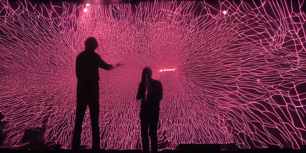 Image similar to Thom Yorke singer songwriter, Radiohead group of people on stage playing instruments, elaborate stage effects, dust, smoke, giant LED screens, colored projections, ultrafine detail, glowing thin wires, smoke, high contrast, projections, a screenshot by David Gilmour Blythe, holography, tesseract, volumetric lighting, anamorphic lens flare