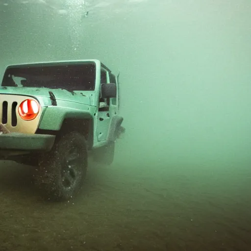 Image similar to eerie murky underwater photo of an upside - down jeep sinking down. bubbles. 4 k.