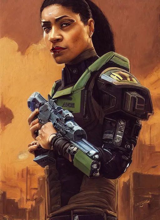 Image similar to Sgt. Maria igbo. Strong cyberpunk female USN marine wearing a military vest and powerful military cyberpunk exo-suit (cyberpunk 2077, bladerunner 2049). gorgeous face. Iranian orientalist portrait by john william waterhouse and Edwin Longsden Long and Theodore Ralli and Nasreddine Dinet, oil on canvas. Cinematic, hyper realism, realistic proportions, dramatic lighting, high detail 4k