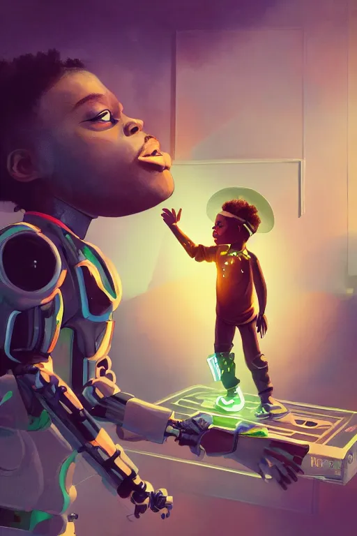 Image similar to a black kid playing with a futuristic robot in the nature, mixing solarpunk, afropunk, cyberpunk, ( ( ( ( volumetric light ) ) ) ), high angle, part by pearl fryar, part by prince damah, sunny day, trending on artstation, cinematic view, illustration, painting.