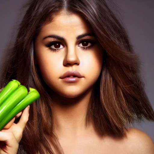 Image similar to realistic photo of a human celery!!!! with selena gomez face, hd, uhd, hdr, cinematic lightning, 8 k, 4 k wallpaper