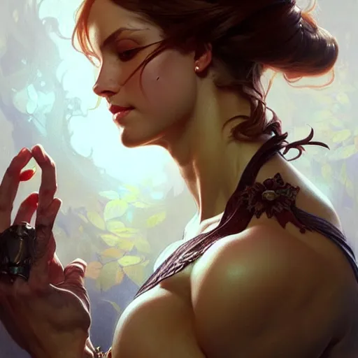 Image similar to , muscular upper body, D&D, fantasy, intricate, elegant, highly detailed, digital painting, artstation, concept art, smooth, sharp focus, illustration, art by artgerm and greg rutkowski and alphonse mucha