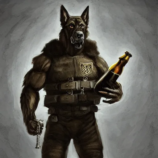 Image similar to a humanoid german shepherd beast - man in military style, holding a bottle of beer, artstation, concept art, smooth, sharp foccus ilustration, artstation