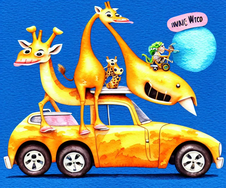 Image similar to cute and funny, giraffe riding in a tiny hot rod with oversized engine, ratfink style by ed roth, centered award winning watercolor pen illustration, isometric illustration by chihiro iwasaki, edited by range murata, tiny details by artgerm and watercolor girl, symmetrically isometrically centered, focused