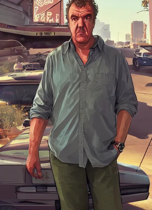 Prompt: jeremy clarkson in gta v, cover art by stephen bliss, artstation