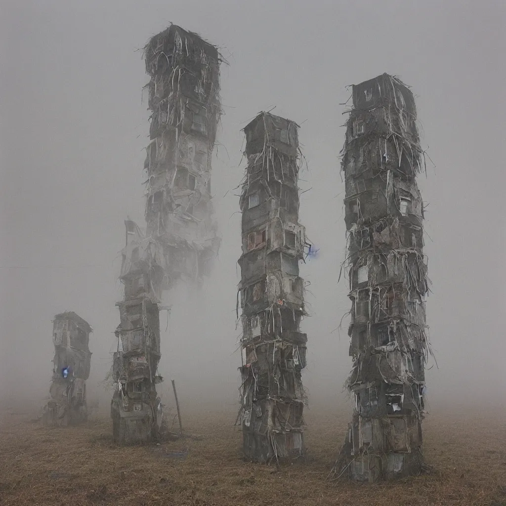 Image similar to two towers, made up of makeshift squatter shacks with pastel colours, uneven dense fog, dystopia, mamiya rb 6 7, fully frontal view, very detailed, photographed by jeanette hagglund