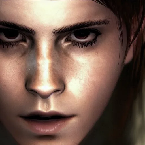 Image similar to Emma Watson as a Metal Gear Solid Villain 2005 JRPG cinema 4d render, Ray tracing reflection, natural lighting, Unreal Engine award winning photography