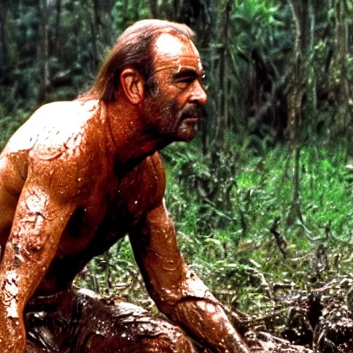 Prompt: cinematic still of sean connery, covered in mud and watching a predator in a swamp in 1 9 8 7 movie predator, hd, 4 k