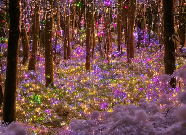 a magical forest with crystal flowers that glow in the