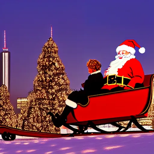 Image similar to santa claus in a sleigh with reindeers in front of world trade center's 5 0 th floor with a beautiful sunset in the background