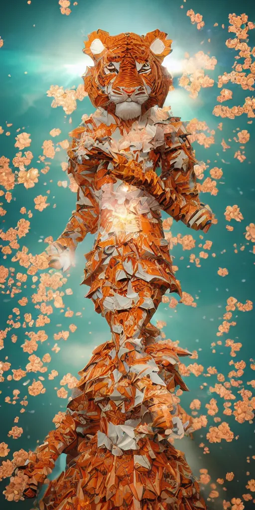 Prompt: <https://s.mj.run/fYu46ryI1Y0> a metropolis made out of origami paper, anthropomorphic tiger woman wearing a flowing tiffany-colored dress, paper origami, many origami sakura flowers, heavenly light, 3D, very detailed, octane render, trending ArtStation, artgem