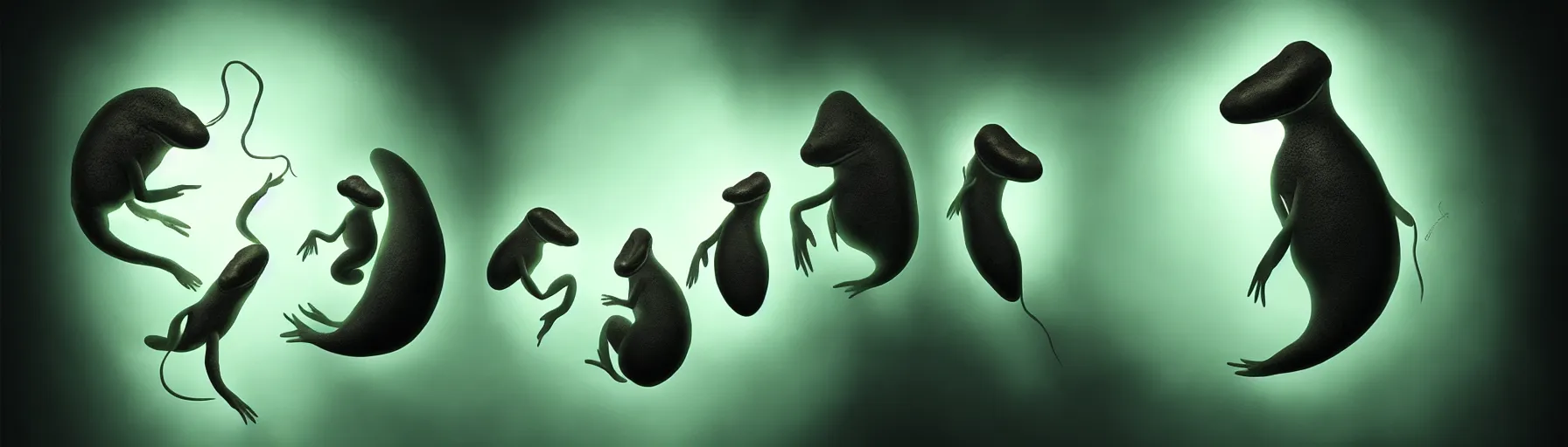 Prompt: whimsical tadpole creatures shaped like yinyangs from the depths of the collective unconscious, dramatic lighting, surreal darkly painting by ronny khalil