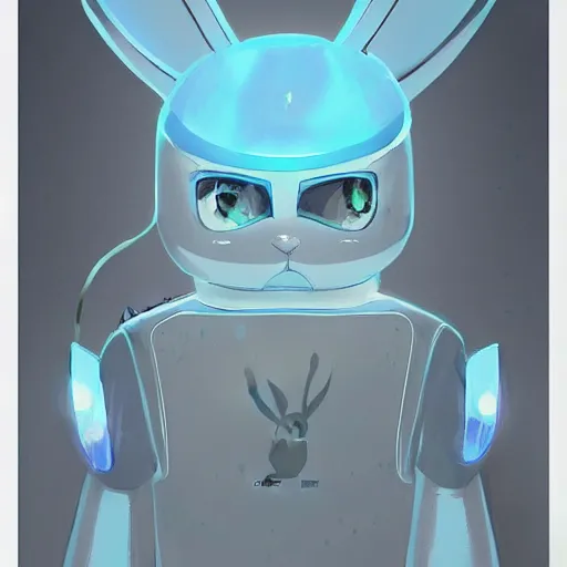 Image similar to artstation, by hayao myazaki, concept art, digital art, light blue, 2 - dimensional, 2 d, a rabbit robot