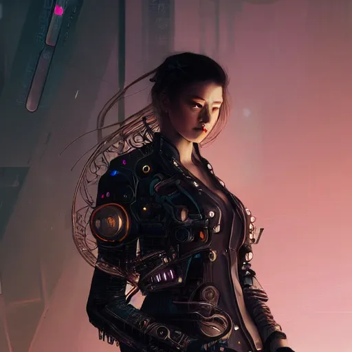 Image similar to portrait of a beautiful cyborg woman, leather jacket, at futuristic cyberpunk tokyo night, sci - fi and fantasy, intricate and very very very beautiful, highly detailed, digital painting, artstation, concept art, smooth and sharp focus, illustration, art by tian zi and wlop and alphonse mucha