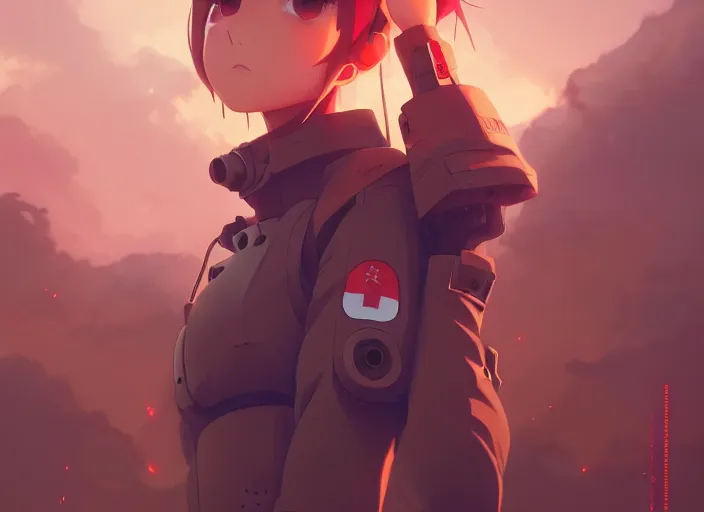 Image similar to portrait of pilot girl, smoky sky background, lush landscape, illustration concept art anime key visual trending pixiv fanbox by wlop and greg rutkowski and makoto shinkai and studio ghibli and kyoto animation, red body suit, military gear, evangelion unit 0 2, grimdark