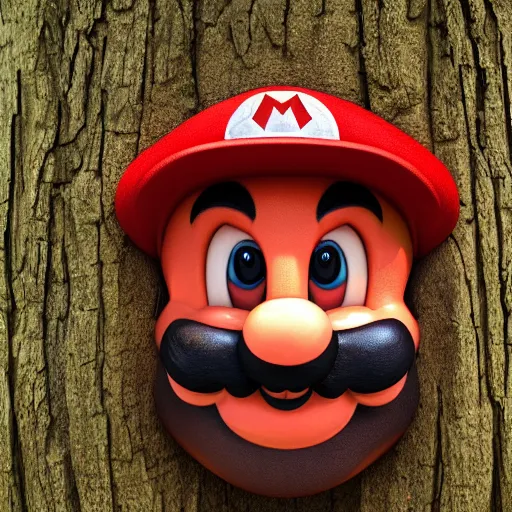 Image similar to carved mario face in tree, shadows, insane detailed, epic, movie poster, photorealistic, 8k, octane render -ar 16:9 H 1024