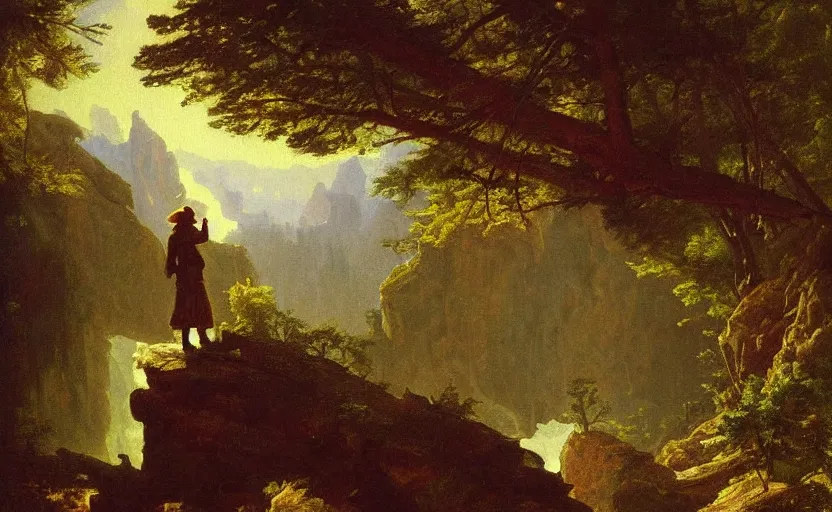 Prompt: a painting of a woman!! explorer overlooking a canyon!! in the north of quebec, in a forest!! with a map in her hands!!! style of Albert Bierstadt, high details, moody lighting, atmospheric