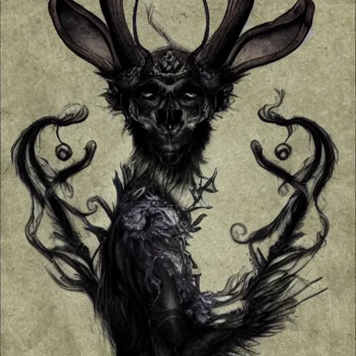 Image similar to ancient magus, fae, ram skull headed creature with black fur, elegant, tendrils, forest, heavy fog, fantasy, hyper realistic