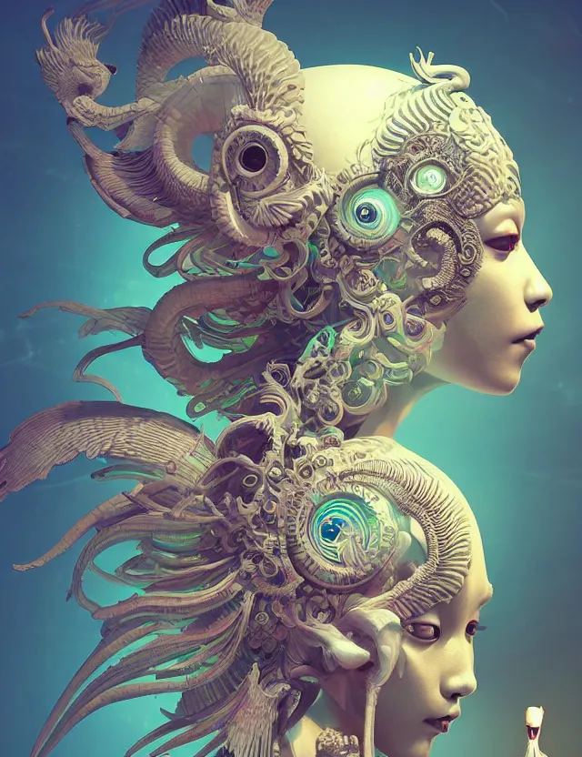 Image similar to 3 d goddess close - up profile solarpunk portrait ram skull. beautiful intricately detailed japanese crow kitsune mask and clasical japanese kimono. betta fish, jellyfish phoenix, bio luminescent, plasma, ice, water, wind, creature, artwork by tooth wu and wlop and beeple and greg rutkowski