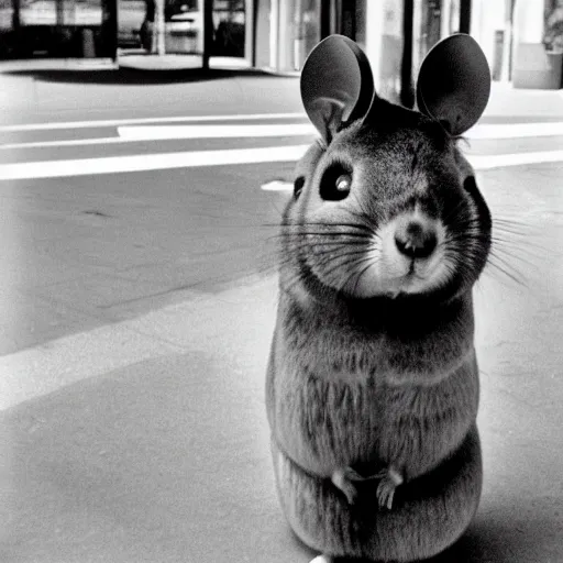 Prompt: tall and fit female anthropomorphic chinchilla mall security guard, cinematic still, daylight, 1980s, hyperrealistic