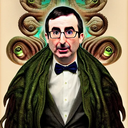 Image similar to John Oliver morphed into Cthulhu, matte painting, hyper detailed, hyper realistic, by Leonardo Da Vinvi, portrait.