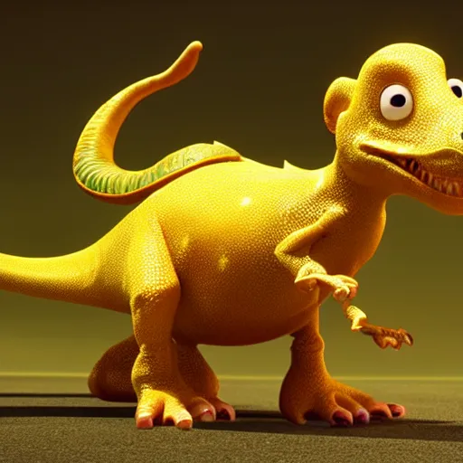 Image similar to pixar render the yellow dinosaur, cute character, high detail, fine hair details, big eyes, friendly, warm and calming, bursting with energy and life, after effects, post processing, video and game ready, octane render, volumetric lighting, glow lights, sharp focus, clear focus, soft shadows, highly intricate and beautiful symmetry