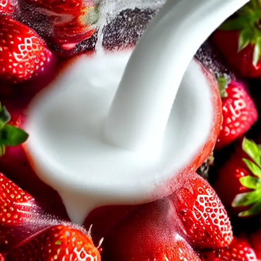 Image similar to a close up photo of milk pouring over a strawberry, macro, highly detailed,