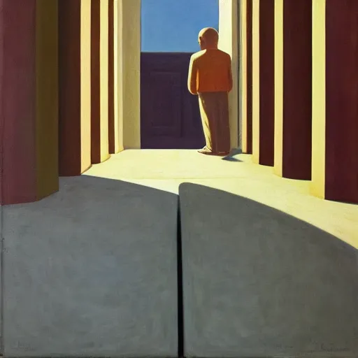 Image similar to first person view of a stark concrete maze, people peering into portholes, grant wood, pj crook, edward hopper, oil on canvas