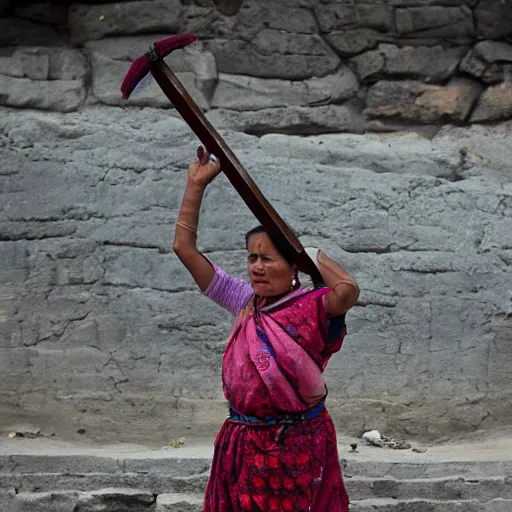 Prompt: a nepali woman carrying a sword, fierce