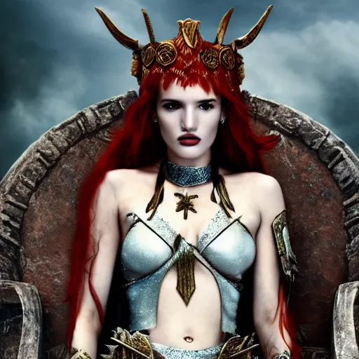 Prompt: bella thorne as the powerful goddess of war in her throne, ground mist, cinematic