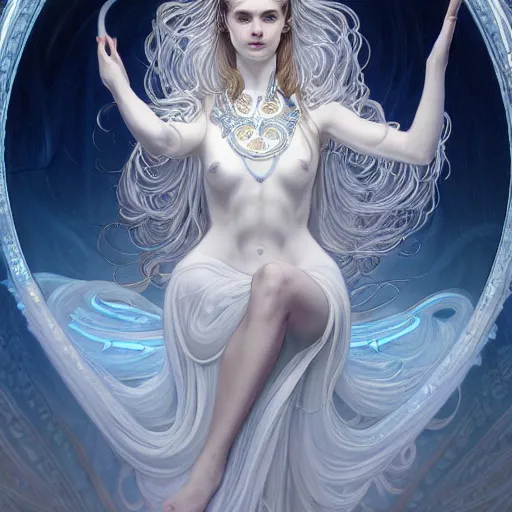 Image similar to a photograpic portrait of a anthropomorphic bioluminescent water wave wearing white clothes, fantasy, intricate, elegant, highly detailed, digital painting, artstation, concept art, smooth, sharp focus, illustration, art by artgerm and h r giger and alphonse mucha