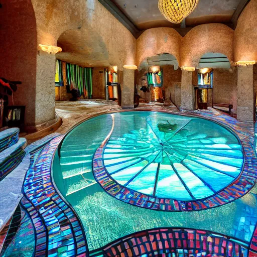 Prompt: a pool with a broken stained glass floor and walls, sparkling, light reflecting, colorful, high definition, hd, high quality, highly detailed, award - winning