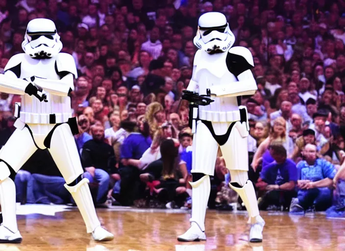 Image similar to ESPN still of Storm trooper playing in the nba playoffs live on espn, 4k