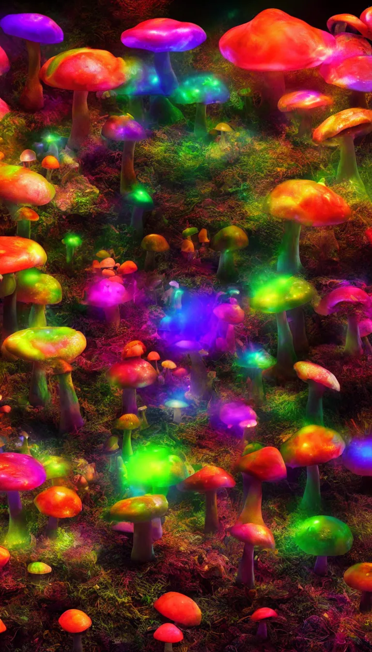 Prompt: colorful beautiful psychedelic glowing mushrooms, volumetric dramatic light, dark black background, sharp focus, highly realistic, octane render, art by greg rutsowski
