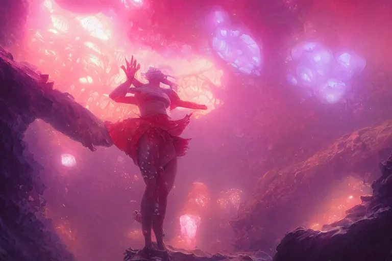 Image similar to beautiful coral crystals, distinct pink orange purple colors, underwater crystal caverns, concept art, beautiful lights, d & d, fantasy, highly detailed, masterpiece, volumetric lighting, digital painting, artstation, smooth, sharp focus, illustration, art by artgerm, by greg rutkowski