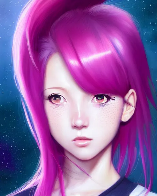 Image similar to portrait Anime pink haired space cadet girl Anna Lee Fisher anime cute-fine-face, pretty face, realistic shaded Perfect face, fine details. Anime. realistic shaded lighting by Ilya Kuvshinov Giuseppe Dangelico Pino and Michael Garmash and Rob Rey, IAMAG premiere, aaaa achievement collection, elegant freckles, fabulous, daily deviation, annual award winner