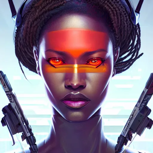 Prompt: african cyberpunk huntress, science fiction, highly detailed, digital painting, beautiful eyes, symmetry, concept art, sharp focus, illustration, global illumination, radiant light, synthwave colors, detailed and intricate environment, art by artgerm and greg rutkowski and magali villeneuve and ilya kuvshinov!