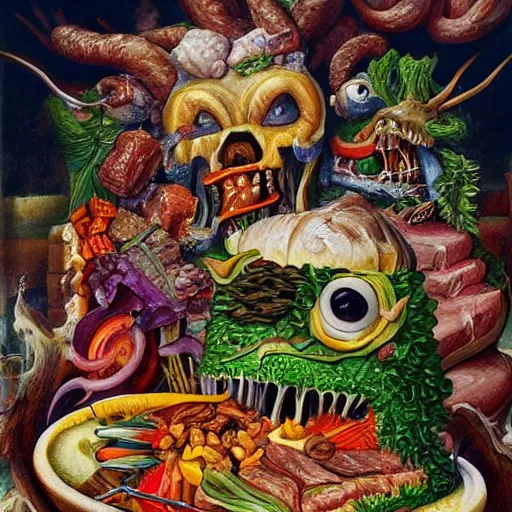 Prompt: a high detailed painting of a monster made of meat, chicken and junk food fighting with a monster made of vegetables and fruits, surrealism, magic realism bizarre art